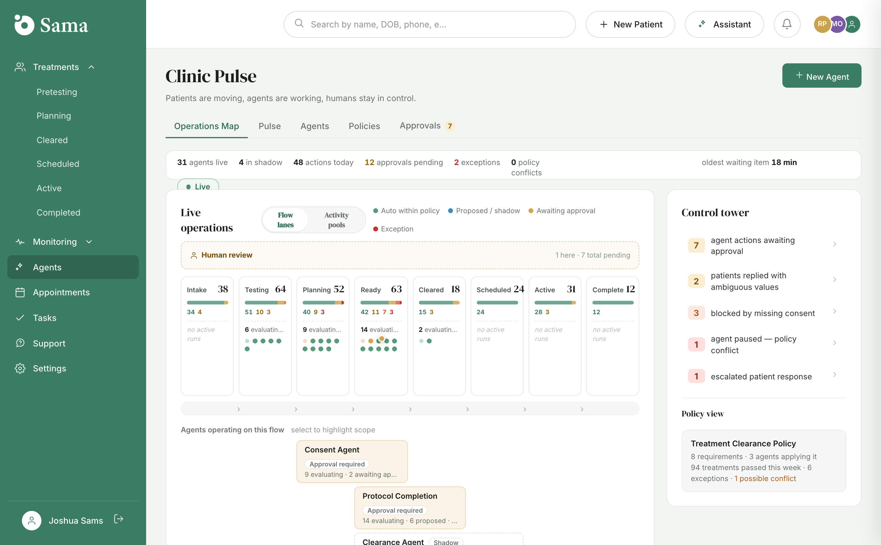 Clinic Pulse: live operations map with agents working across intake, testing, planning, ready, cleared, scheduled, and active lanes