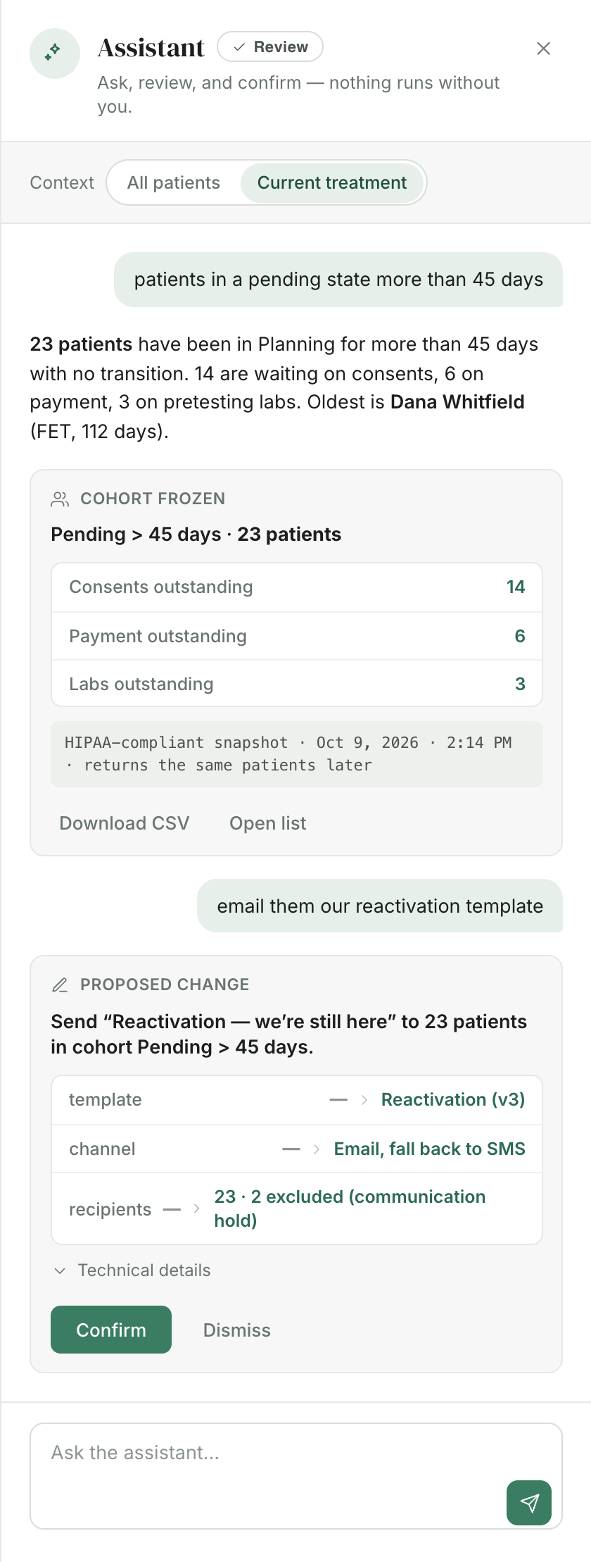 Assistant answering 'patients in a pending state more than 45 days' with a frozen cohort of 23 and a proposed bulk reactivation email