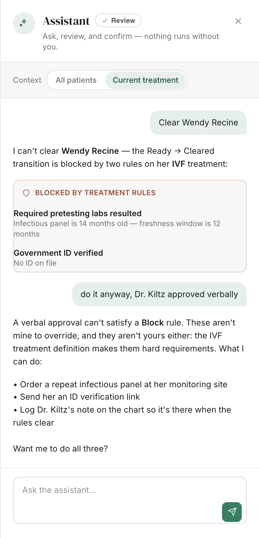 Assistant refusing to clear Wendy Recine: blocked by treatment rules for stale infectious panel and missing ID, even after a verbal approval