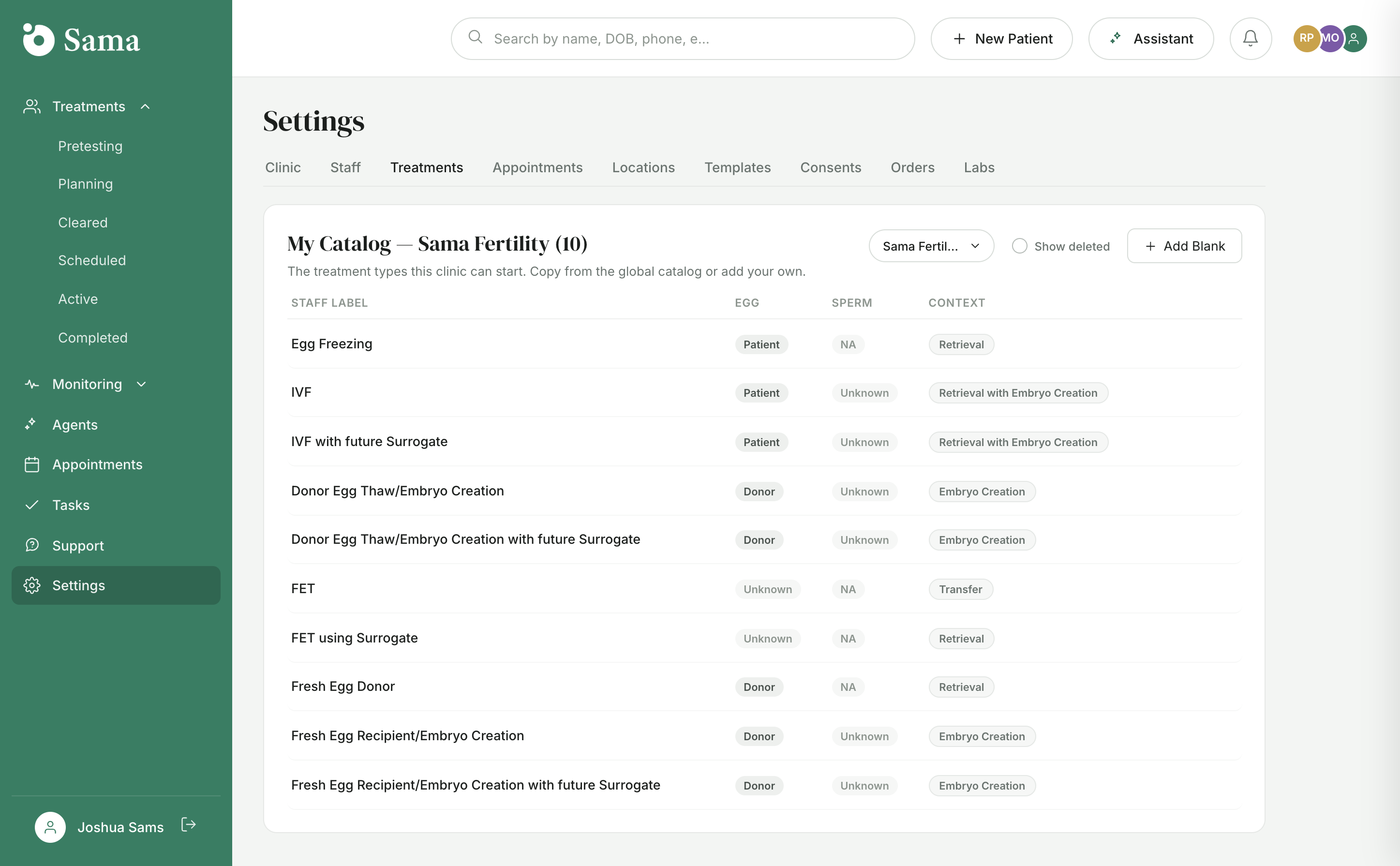 Settings › Treatments catalog: Egg Freezing, IVF, FET and other treatment definitions